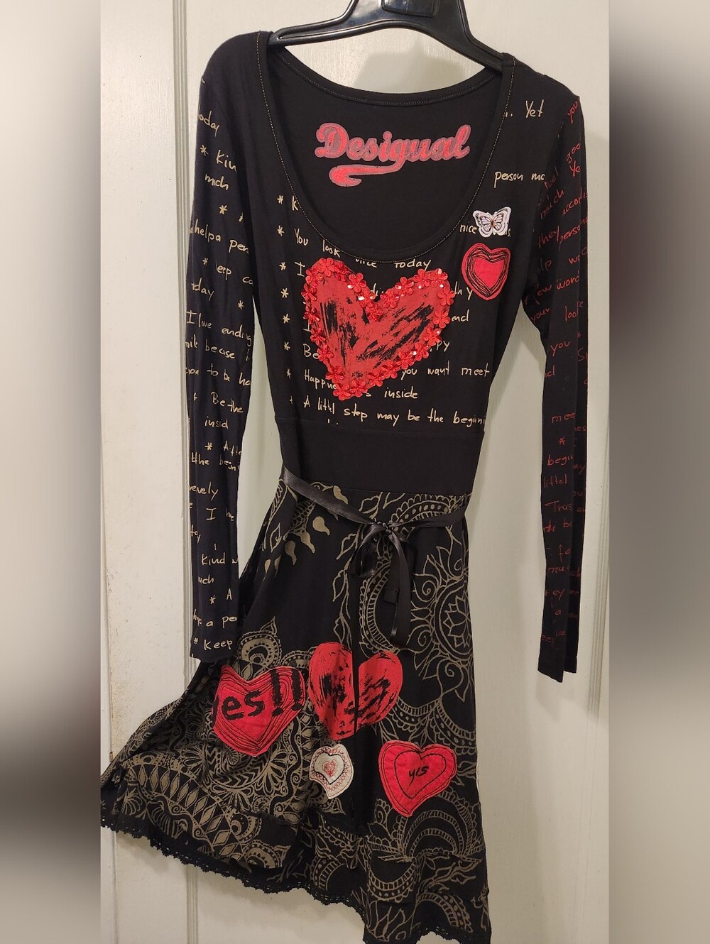 Desigual Black Dress with Red Heart Motifs and Gold Accents